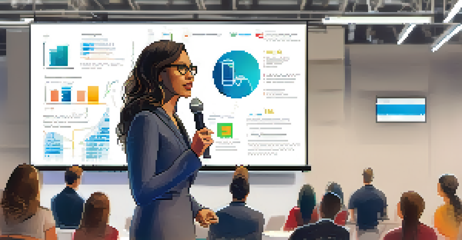 A woman entrepreneur confidently pitching her tech startup idea at a competition, with a presentation screen behind her and an engaged audience.