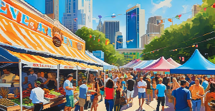 A lively food festival in Austin featuring chefs and local food producers, with colorful tents and attendees enjoying various dishes.