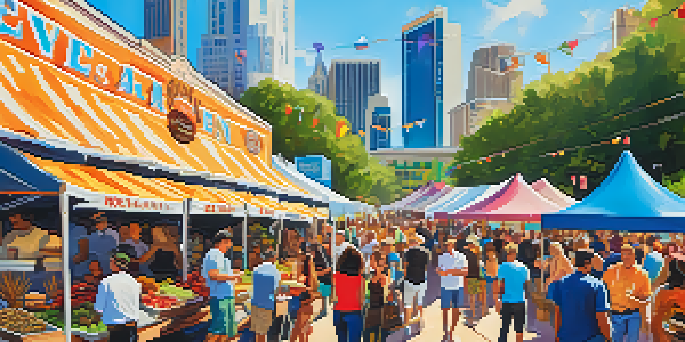 A lively food festival in Austin featuring chefs and local food producers, with colorful tents and attendees enjoying various dishes.