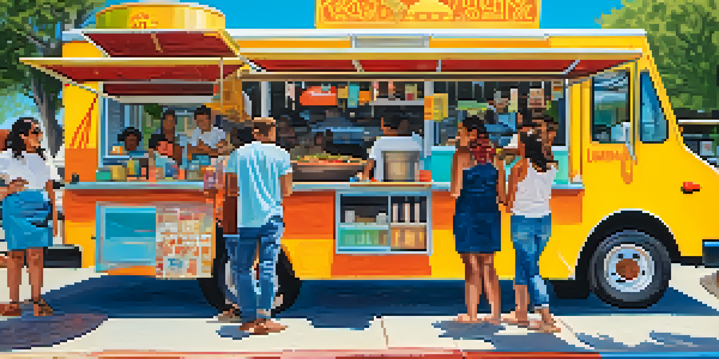 Families enjoying diverse dishes at colorful food trucks in Austin on a sunny day.