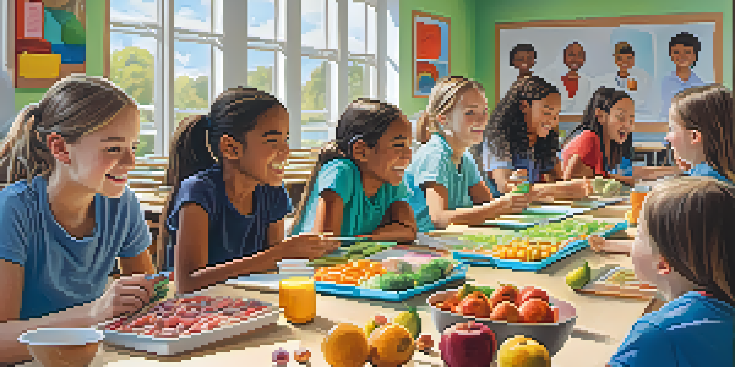 A classroom filled with students participating in a nutrition workshop, preparing healthy snacks with colorful posters about healthy eating in the background.