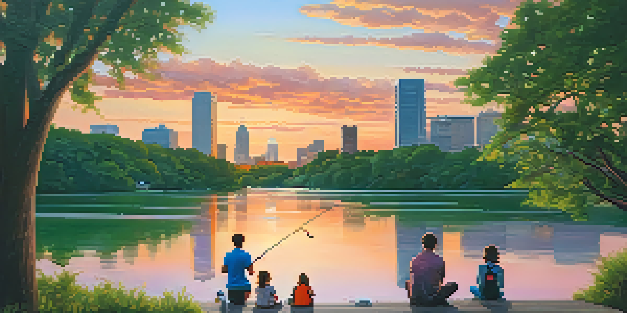 A family fishing at sunset on Lady Bird Lake with a view of the Austin skyline and colorful reflections in the water.