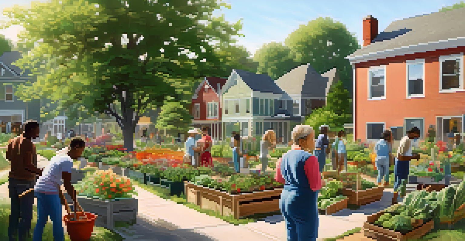 Diverse residents working together in a community garden, planting flowers and vegetables in a sunny setting.