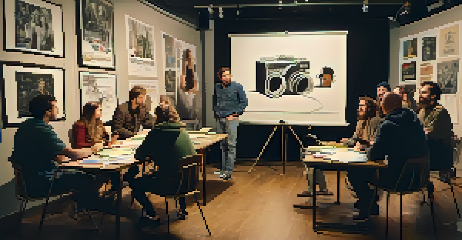 Filmmakers in a workshop discussing techniques, with film posters on the walls and diagrams on a whiteboard.