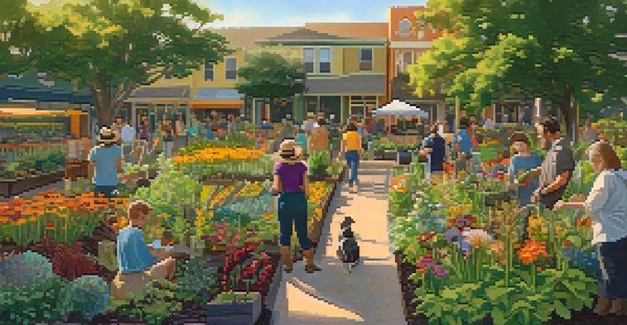 A lively community garden in Austin with people tending to plants during sunset.