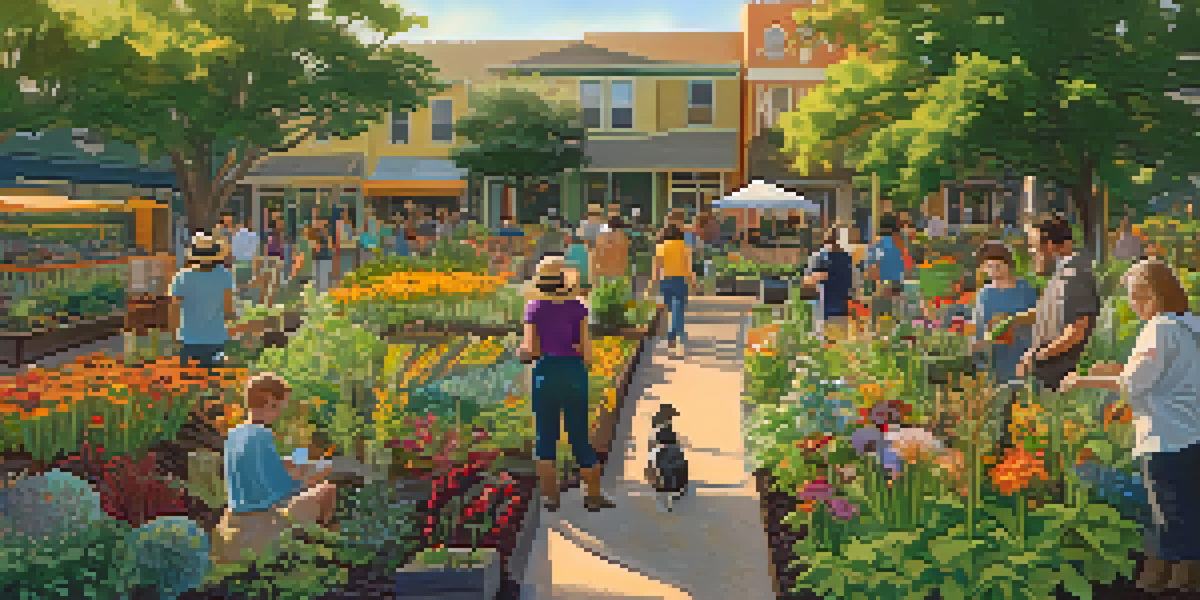 A lively community garden in Austin with people tending to plants during sunset.