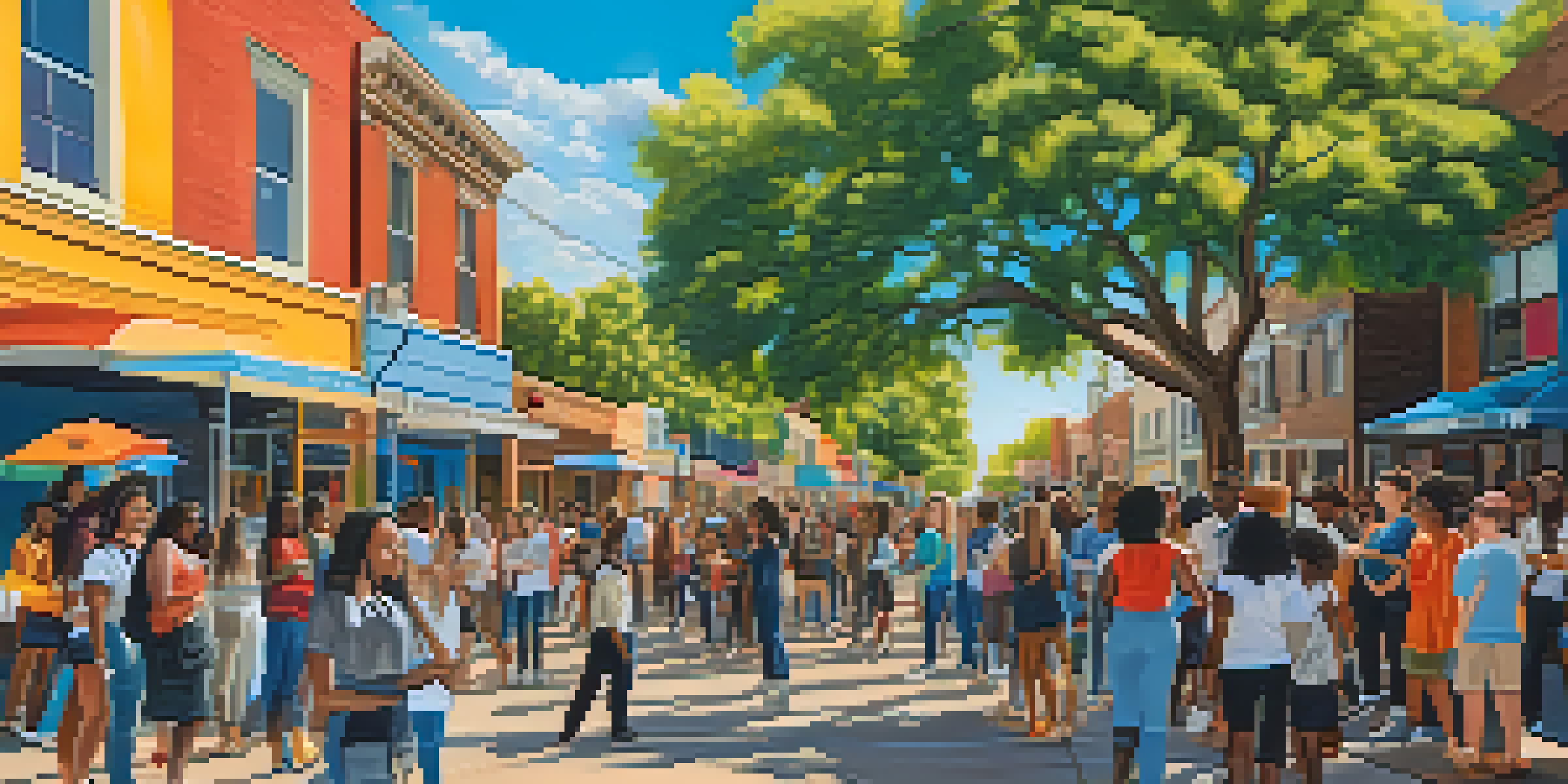 A lively Austin street scene with diverse young people at a community event, colorful murals in the background, trees, and a bright blue sky.