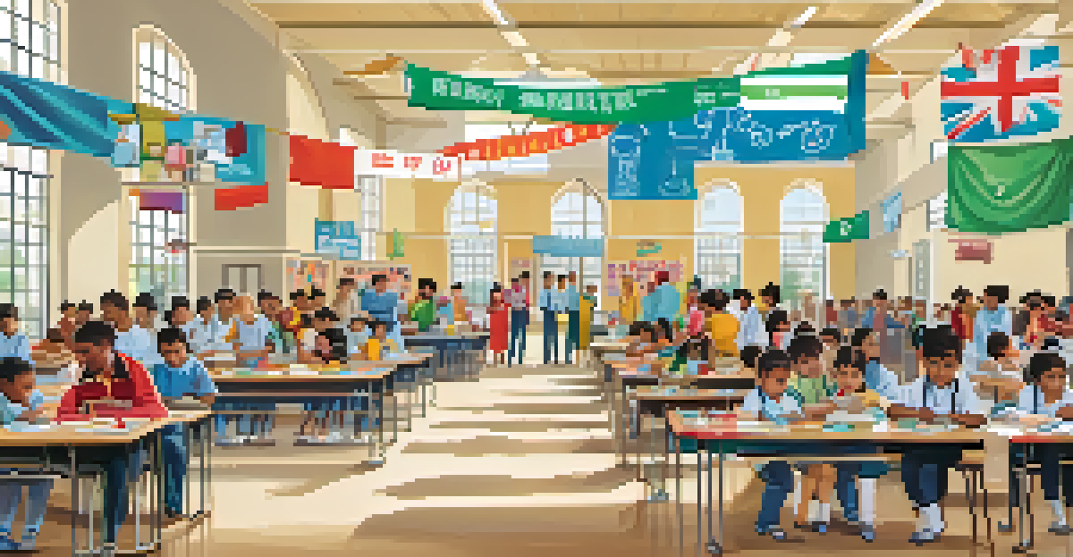 A vaccination drive in a school gym with families receiving vaccines from healthcare professionals, decorated with children's artwork.