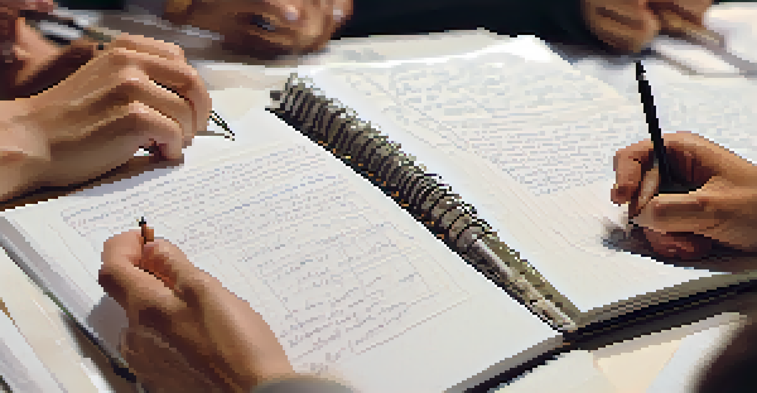 A close-up of hands holding a notebook and pen, with notes visible, capturing the thoughtful moment during a group therapy session.