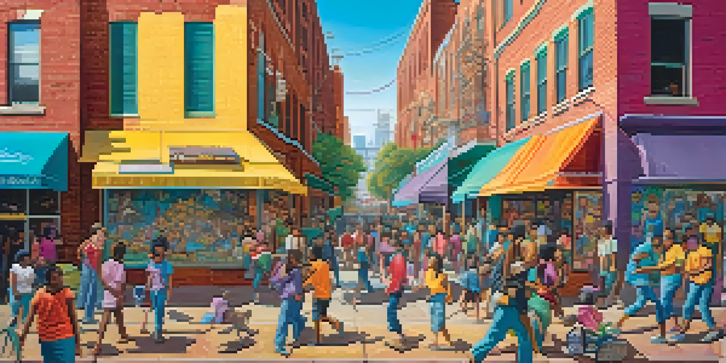 A colorful mural of a lively urban scene with diverse people and cultural symbols, illuminated by soft sunlight.