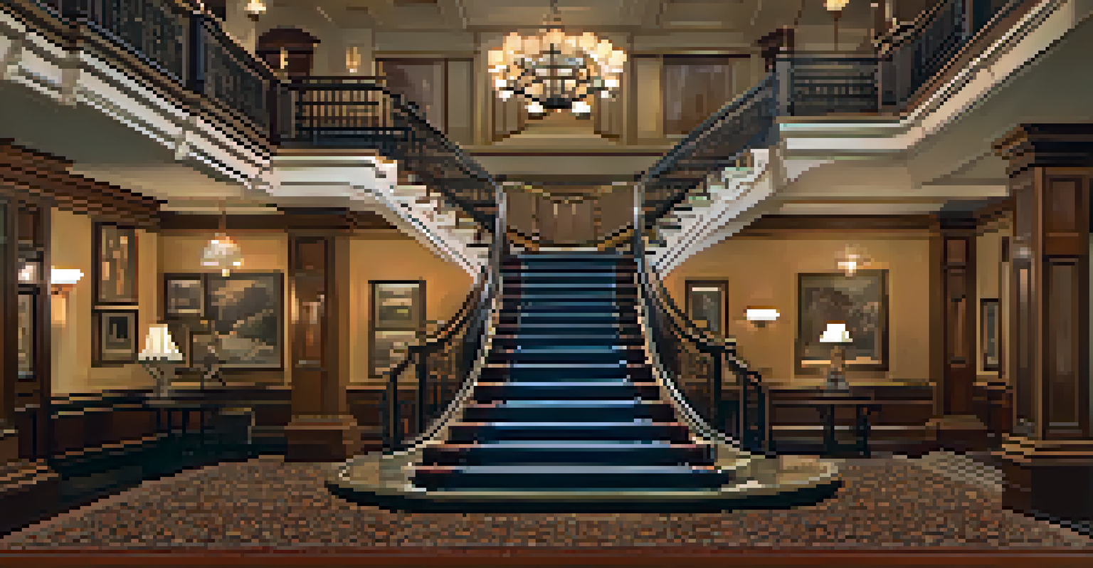 The grand staircase of the Driskill Hotel, dimly lit and shadowy, with vintage carpets and framed portraits on the walls.