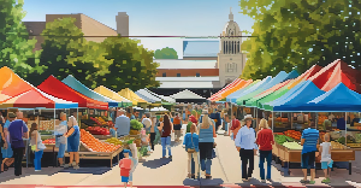 A lively farmers market in Austin with local vendors, families enjoying food, children playing, and a festive atmosphere.