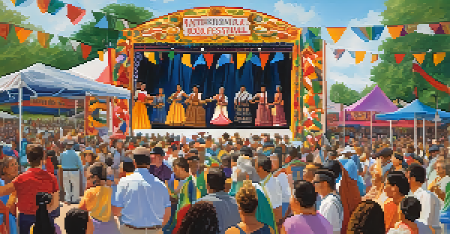 A cultural festival stage with dancers in traditional clothing, and families enjoying the vibrant atmosphere.