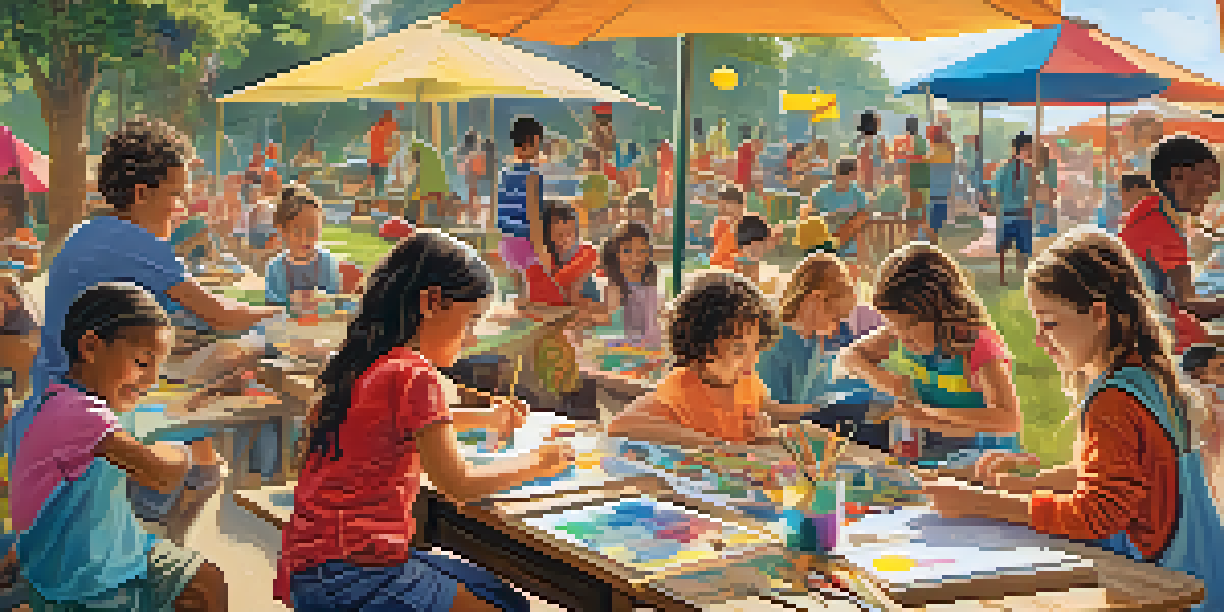 Children of diverse backgrounds happily engaged in various arts and crafts activities in an outdoor camp setting.