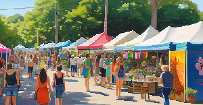 An outdoor art market in Austin with local artists showcasing their colorful handmade goods and diverse visitors exploring the scene.