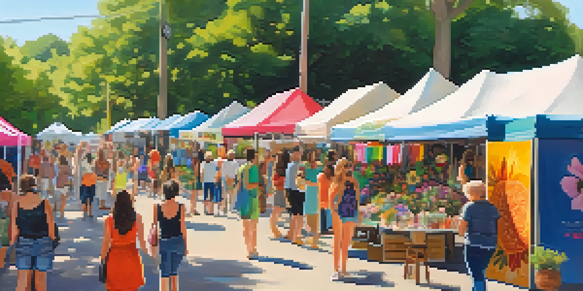 An outdoor art market in Austin with local artists showcasing their colorful handmade goods and diverse visitors exploring the scene.