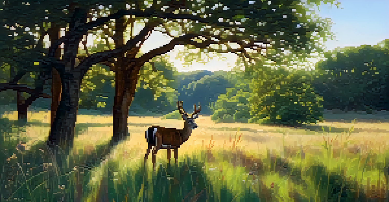 A peaceful image of a deer grazing in Austin's greenbelt surrounded by tall grasses and wildflowers.