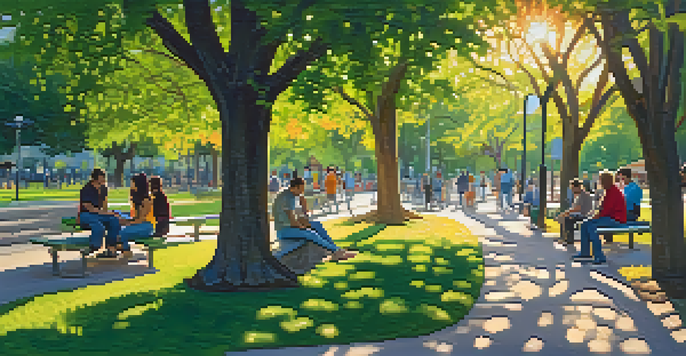 A peaceful urban park in Austin with diverse people enjoying the environment during golden hour.