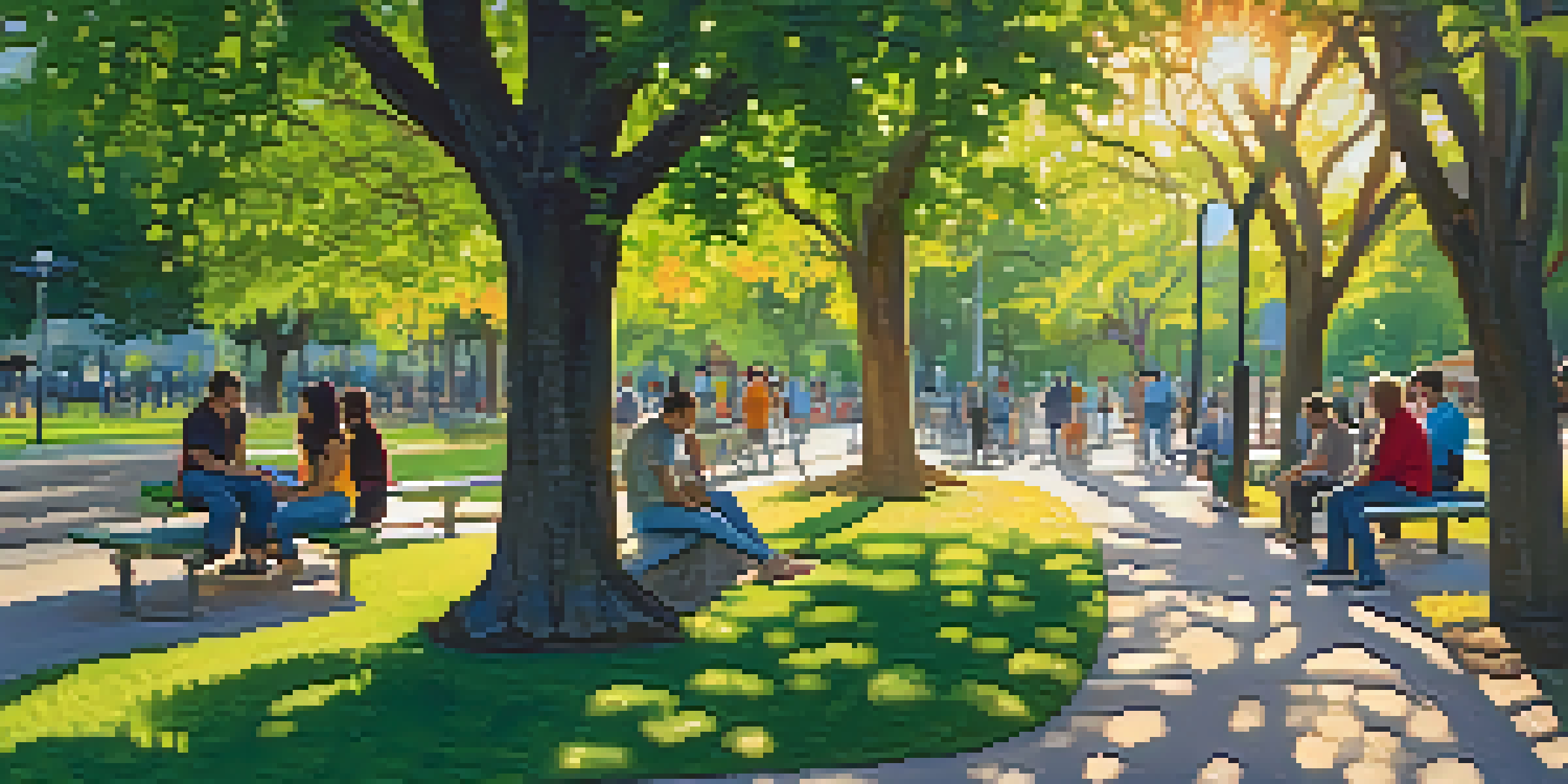 A peaceful urban park in Austin with diverse people enjoying the environment during golden hour.