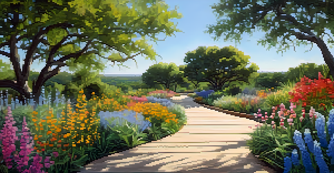 A colorful display of native wildflowers in the Lady Bird Johnson Wildflower Center, with a wooden pathway and sunlight filtering through the trees.