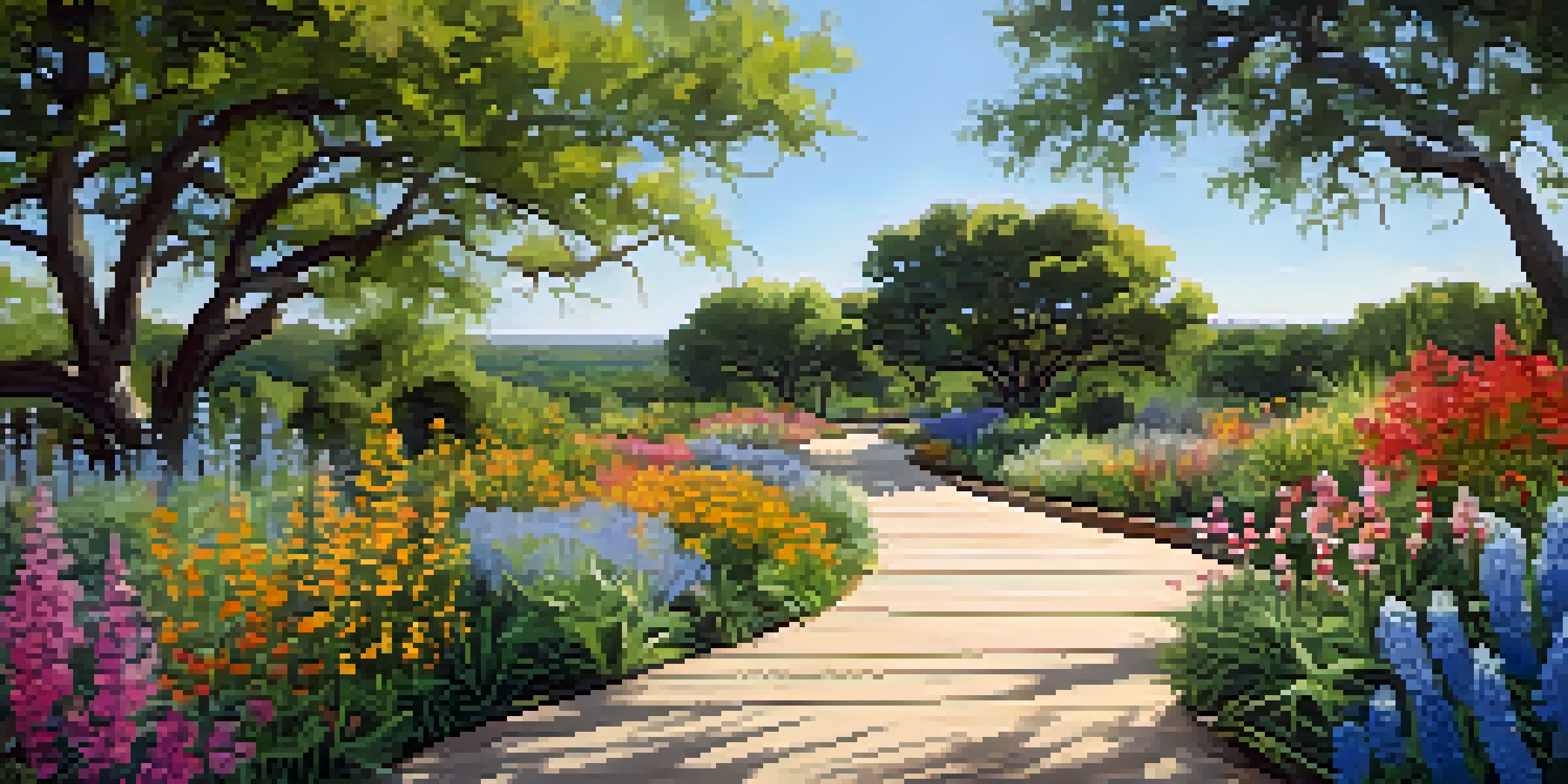 A colorful display of native wildflowers in the Lady Bird Johnson Wildflower Center, with a wooden pathway and sunlight filtering through the trees.