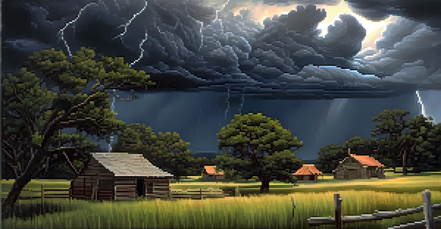 A dramatic stormy scene with settlers seeking shelter as dark clouds gather over their homestead in Texas.