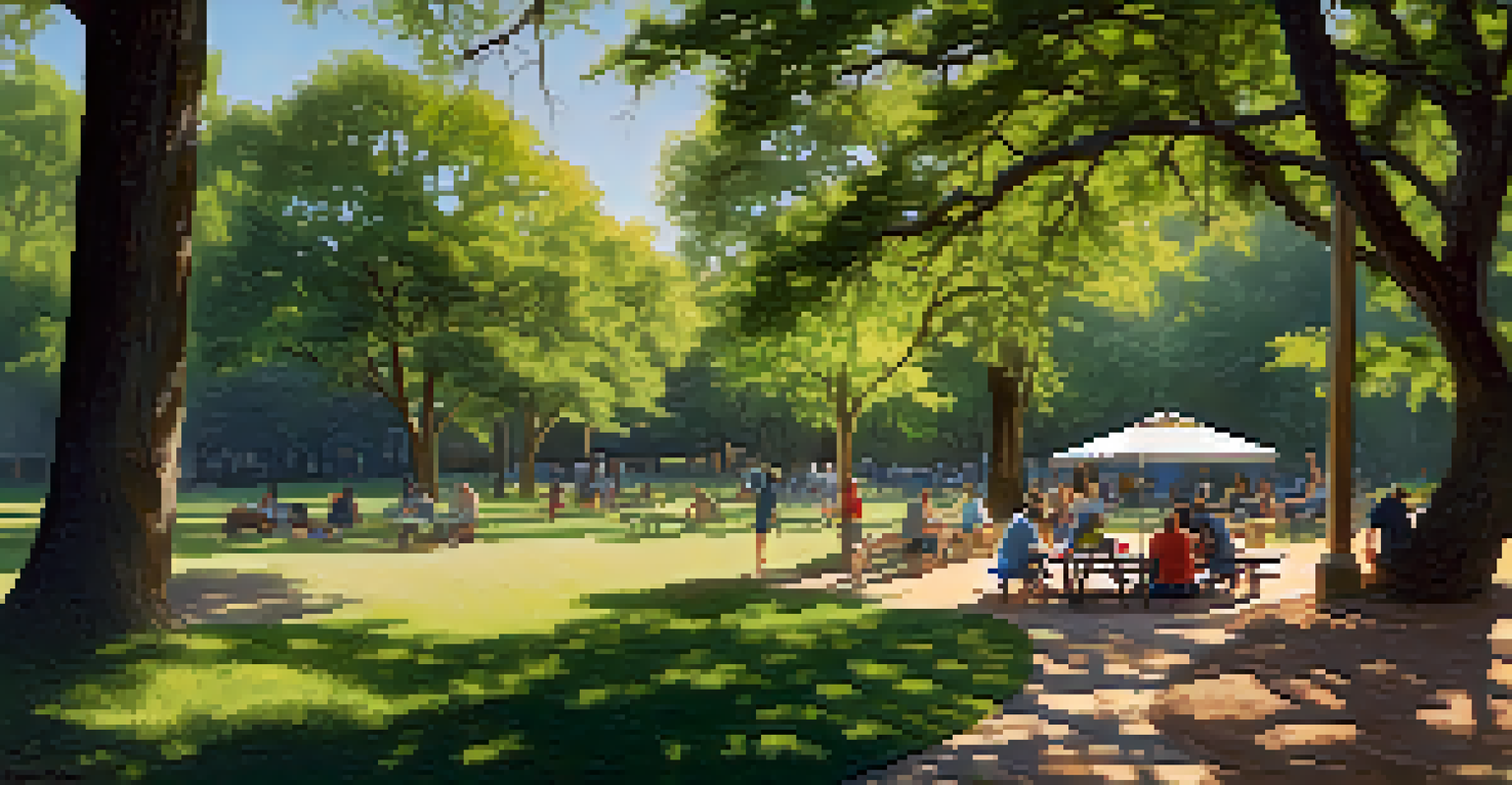 A peaceful scene in Bouldin Creek Greenbelt showing locals hiking and picnicking amidst lush greenery and winding trails.