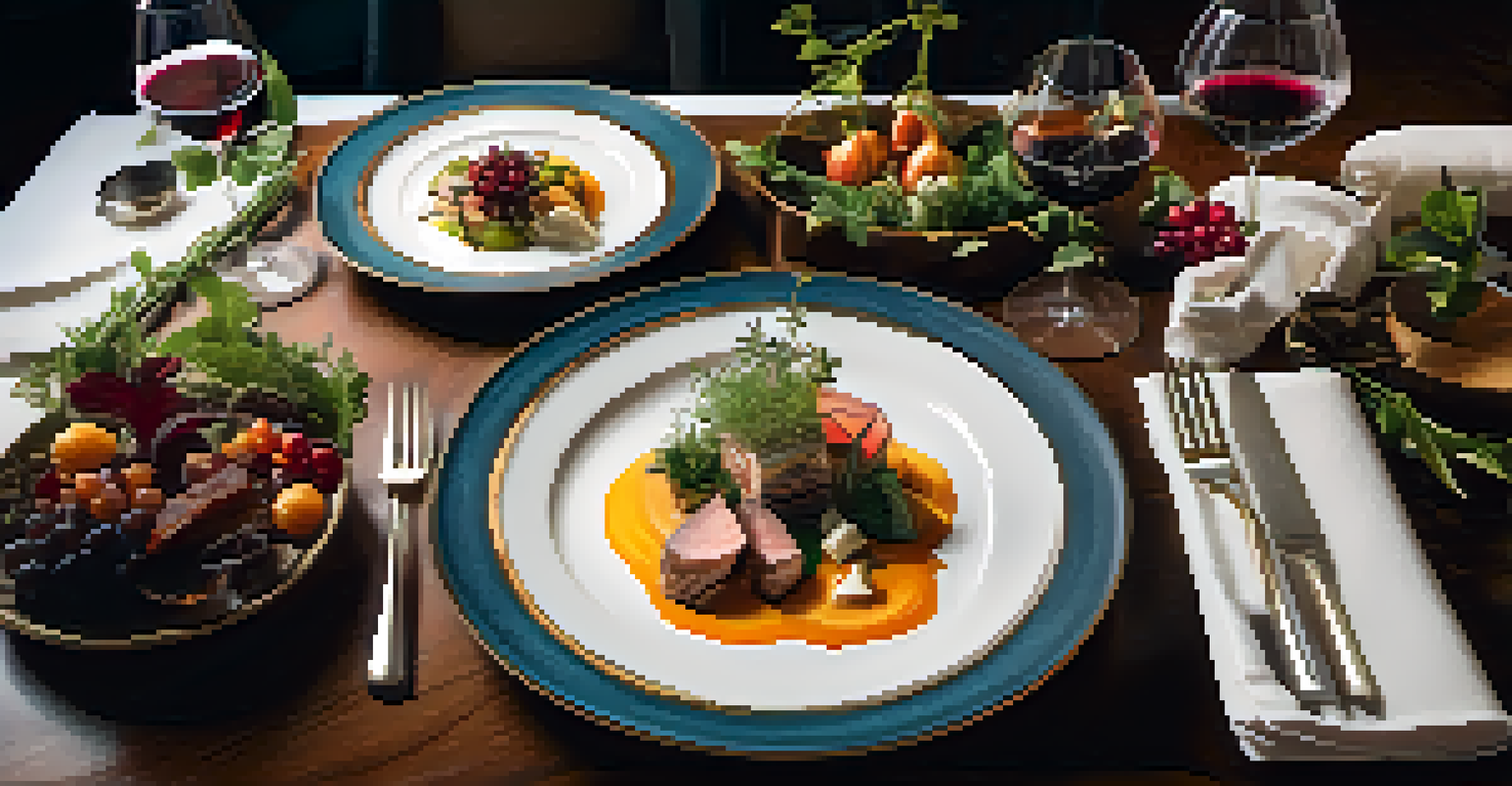 An elegant multi-course meal with local ingredients beautifully arranged on a table, paired with fine wines in a softly lit restaurant.