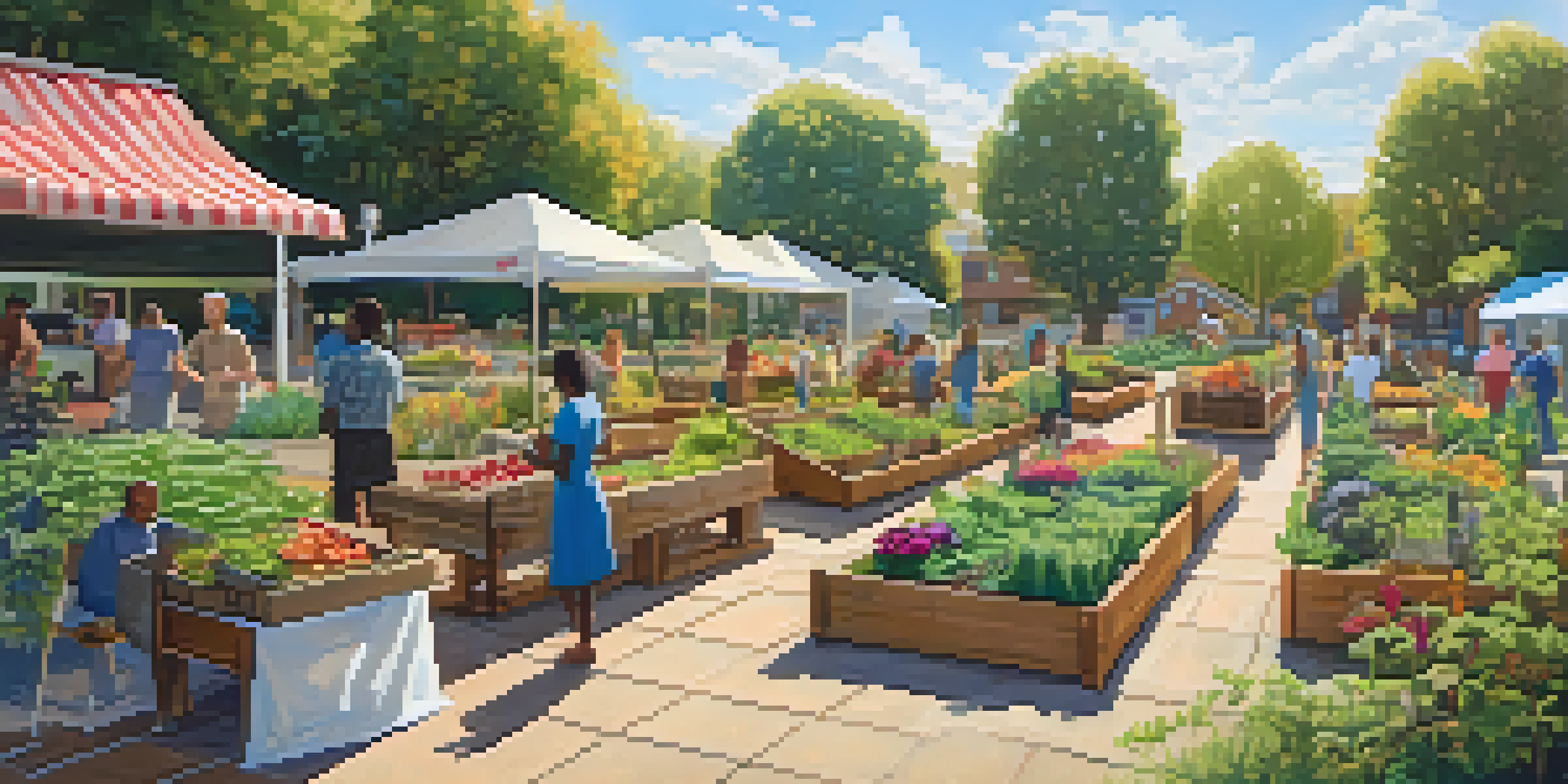 A lively community garden with diverse plants, people working together, and a picnic area.