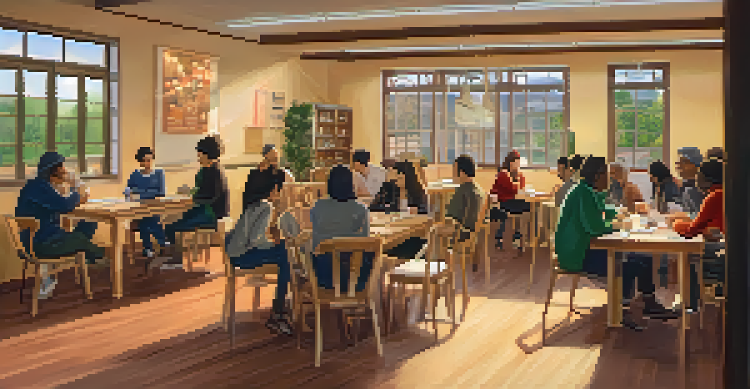 A cozy community center hosting a language exchange workshop with individuals engaged in conversation around tables, surrounded by warm lighting and cultural decorations.