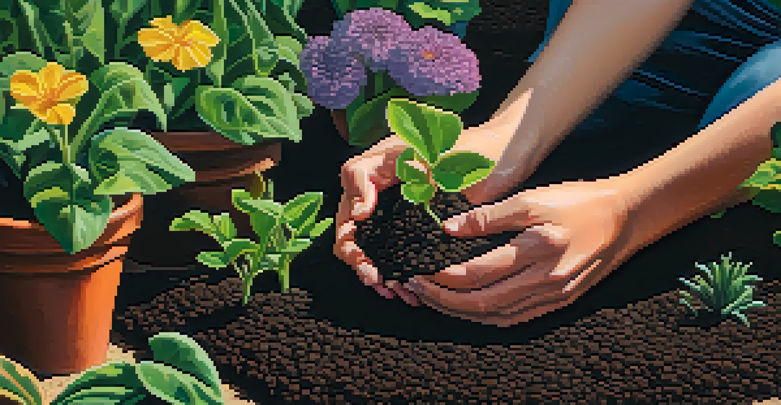 Close-up of hands planting seeds in soil surrounded by green plants and flowers, symbolizing growth.