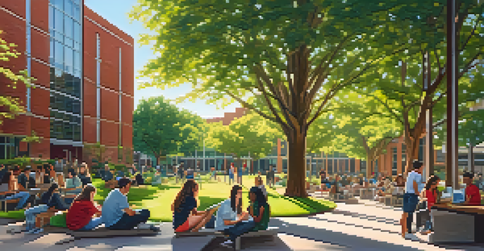 A lively university campus with students working together on technology projects surrounded by trees and buildings.