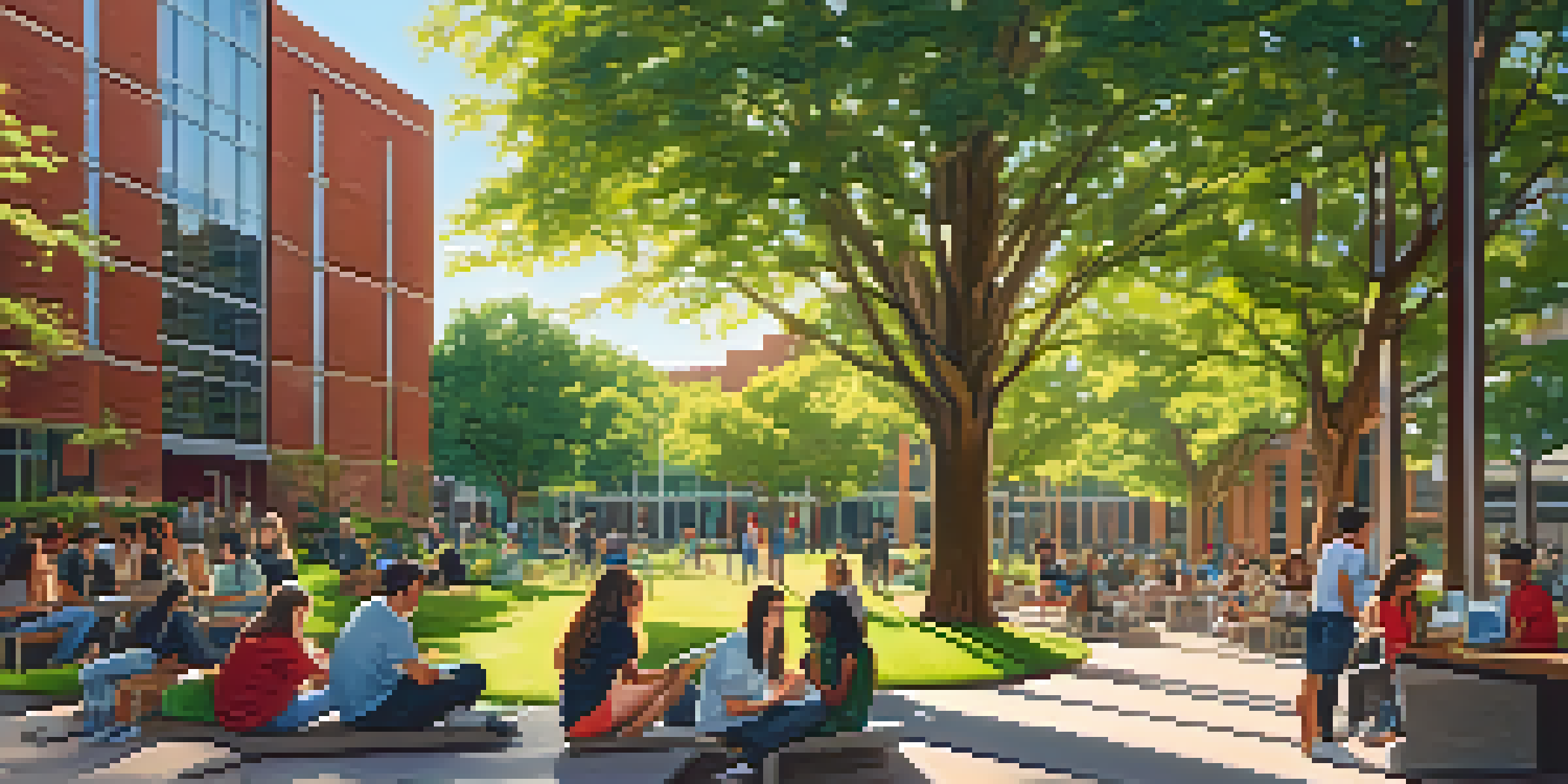 A lively university campus with students working together on technology projects surrounded by trees and buildings.