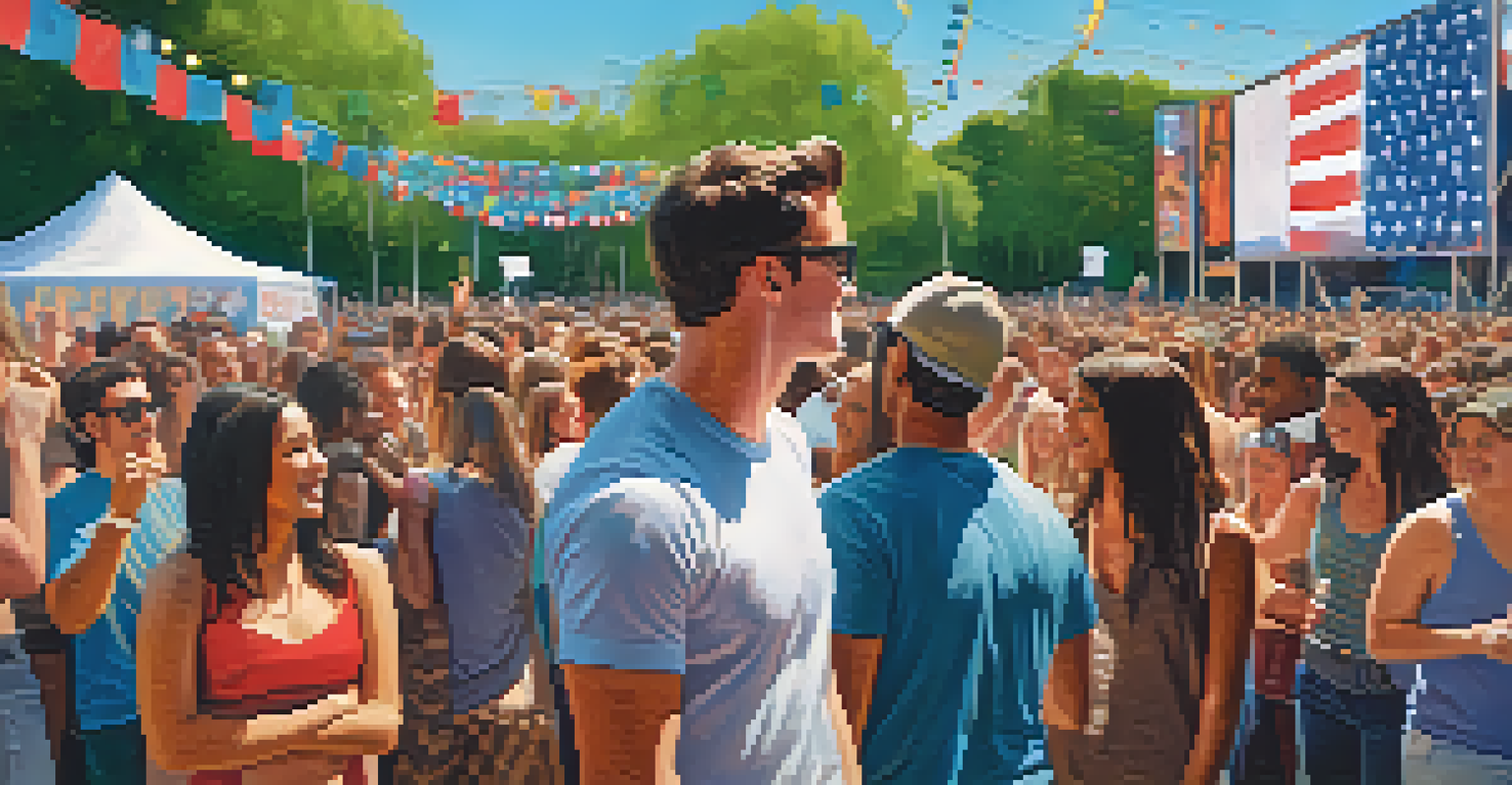 A candidate speaking at a music festival in Austin, with a diverse crowd and performers in the background.