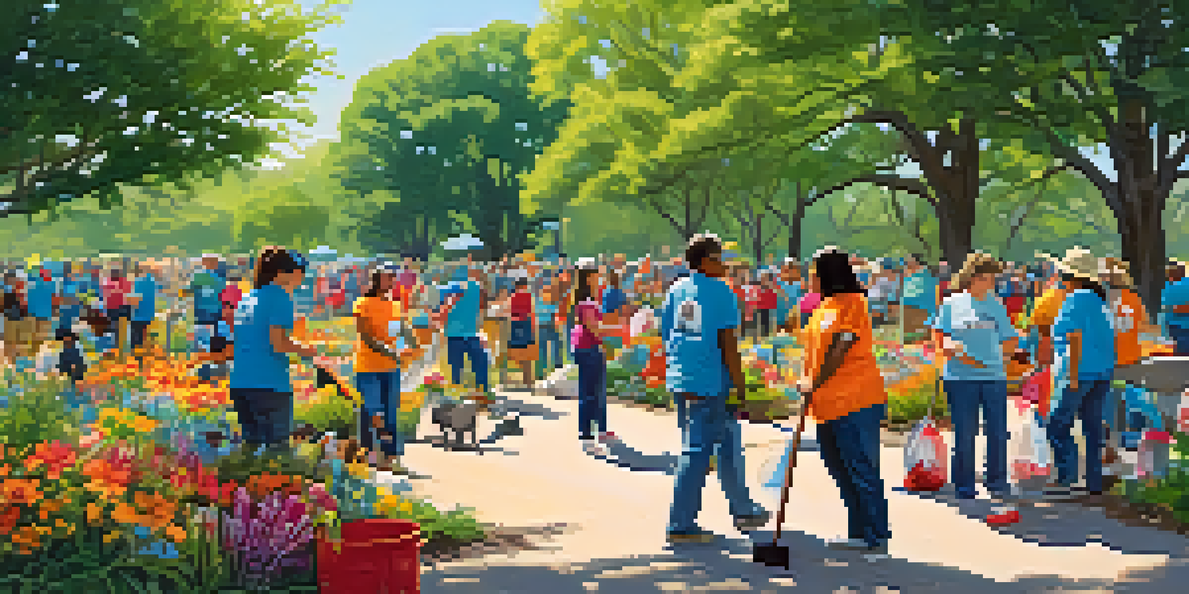 A group of diverse volunteers participating in a community cleanup event, picking up litter and planting flowers in a sunny Austin park with trees and flowers around.