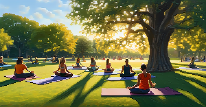 A diverse group of people practicing yoga in a park during sunset, surrounded by large oak trees and a serene atmosphere.
