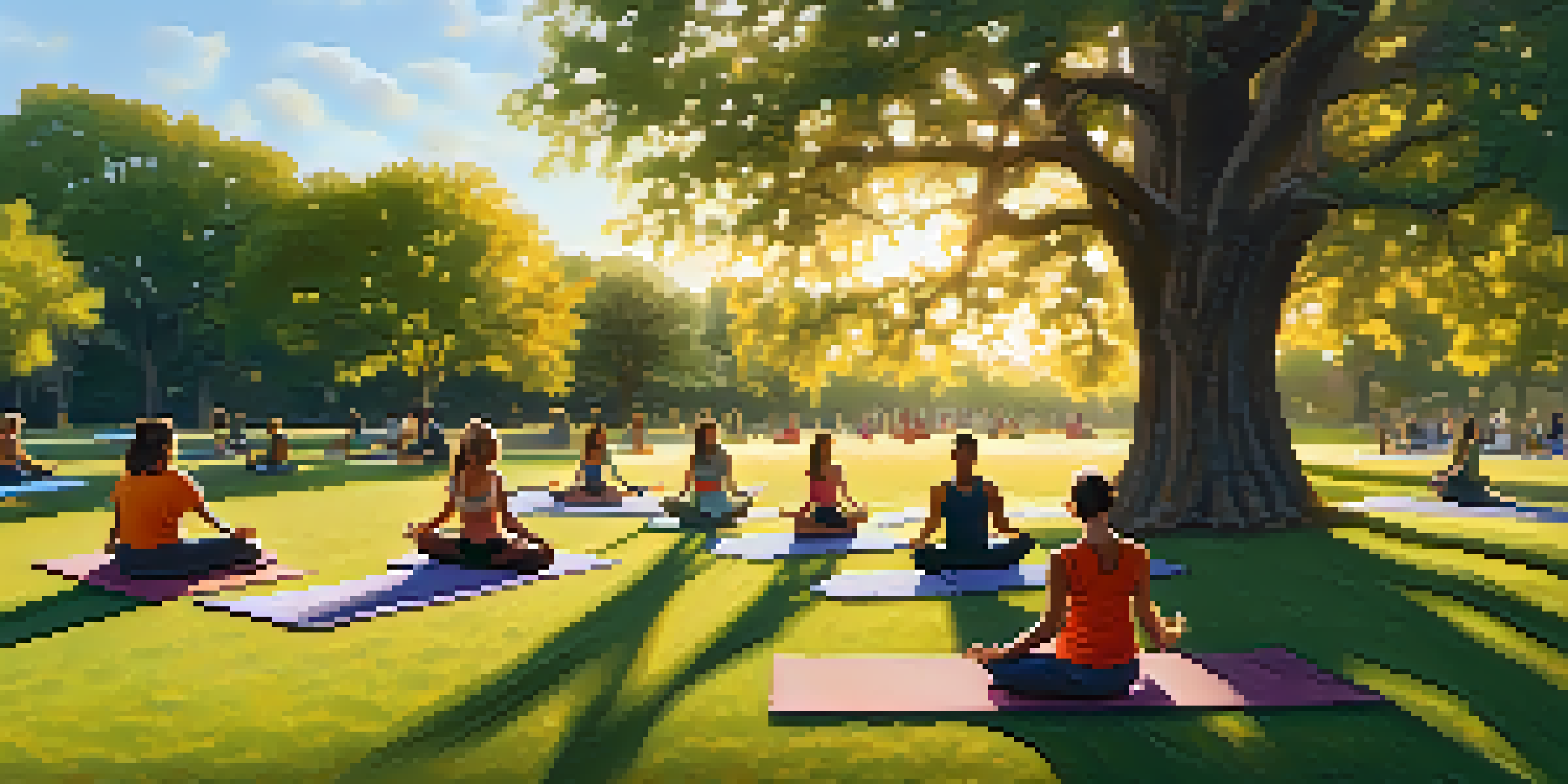 A diverse group of people practicing yoga in a park during sunset, surrounded by large oak trees and a serene atmosphere.