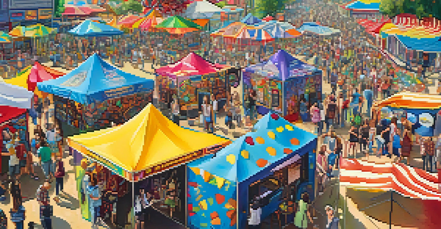 An aerial view of festival attendees interacting with vibrant photo booths and colorful decorations.