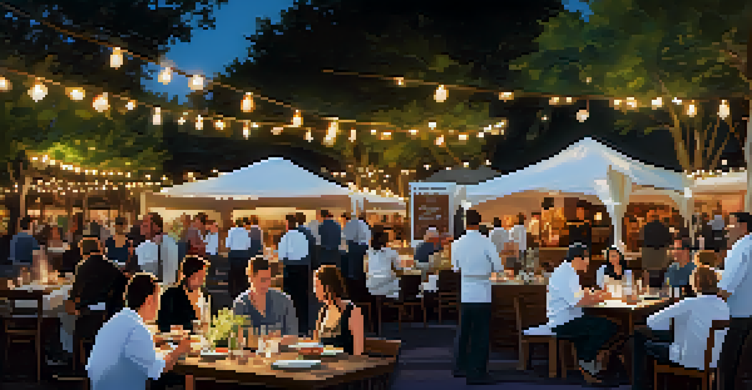 An inviting scene at the Austin Food and Wine Festival with gourmet food and fine wines displayed on tables, surrounded by chefs and attendees.