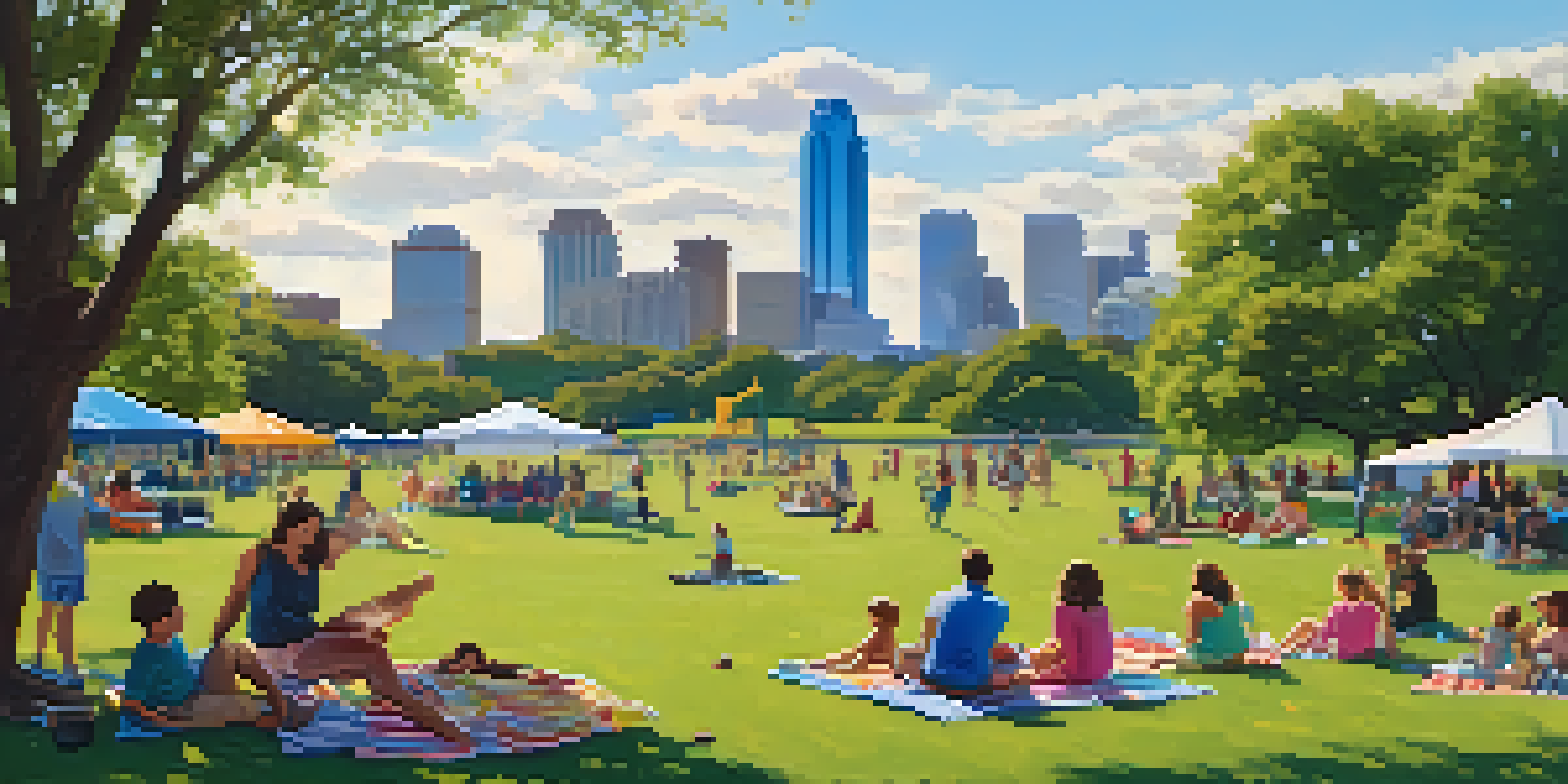 A family enjoying a picnic on a green lawn in Zilker Park, with children playing and the Austin skyline in the background.