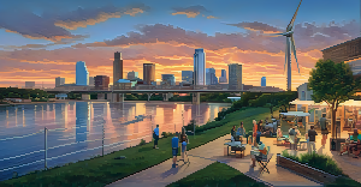 Austin's skyline at sunset, featuring solar panels on rooftops, wind turbines, and a river reflecting the sunset colors, with people enjoying outdoor activities.