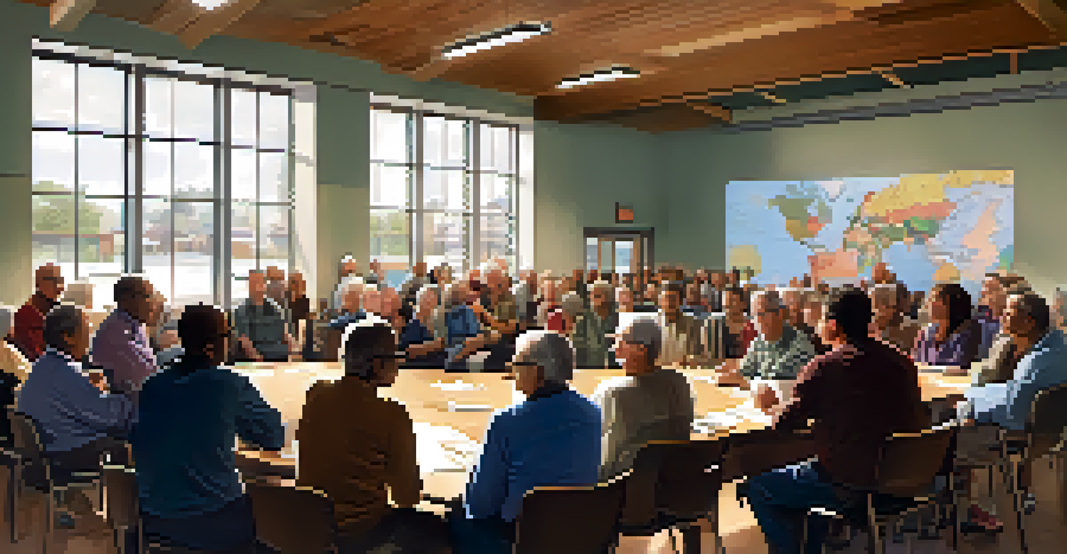 A town hall meeting in a community center with residents of different ages discussing urban development surrounded by maps and charts.