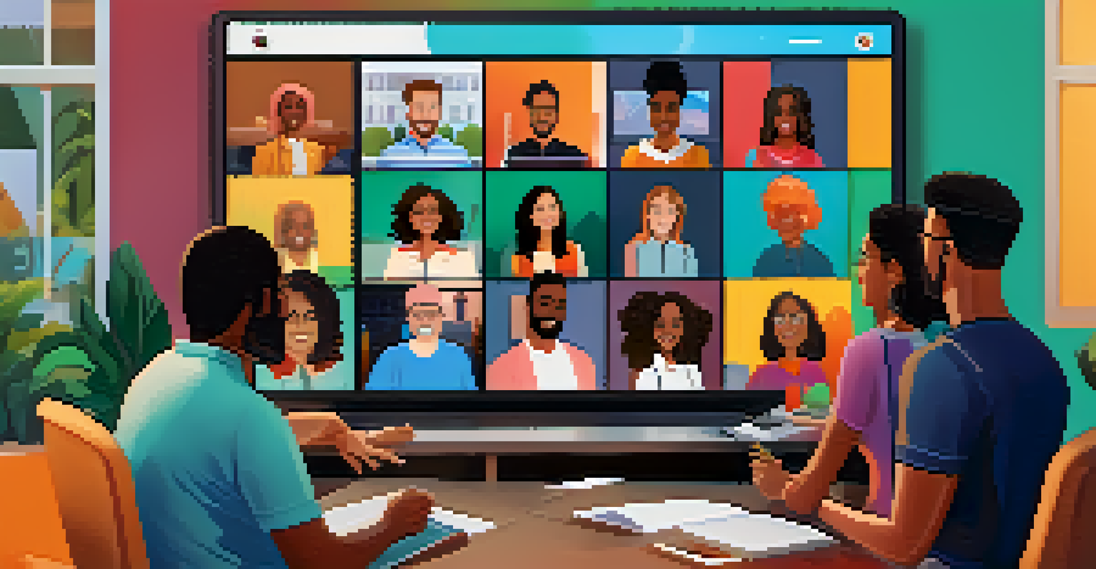 A digital illustration of a virtual town hall meeting with diverse participants on a video call, each in their home environment.