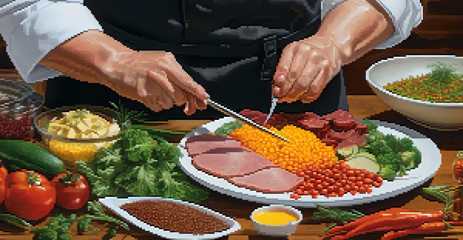A chef preparing a dish with fresh local ingredients, including vegetables and spices, in a culinary competition setting.