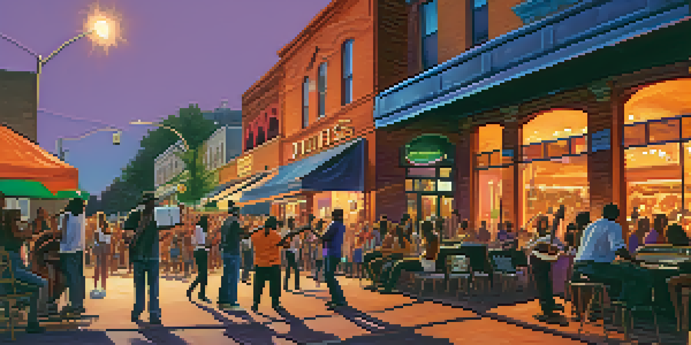 A lively street scene in Austin with musicians playing instruments and people dancing during sunset.