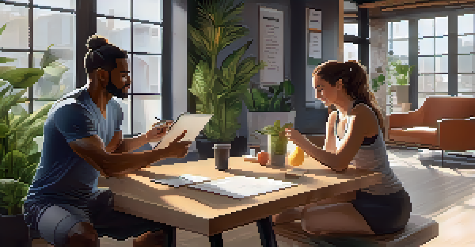 A personal trainer discussing nutrition with a client in a cozy fitness studio filled with motivational decor.