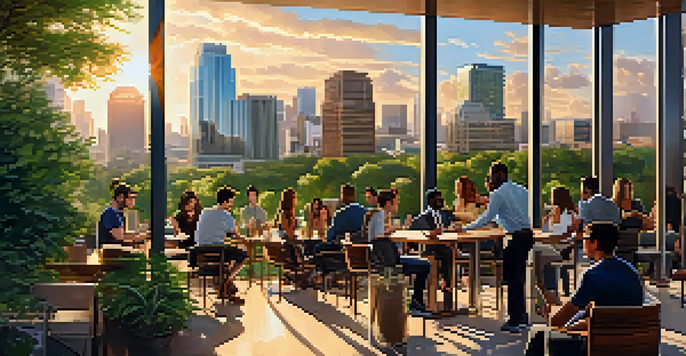 A vibrant urban scene in Austin with diverse young professionals discussing outside a modern fintech office building.