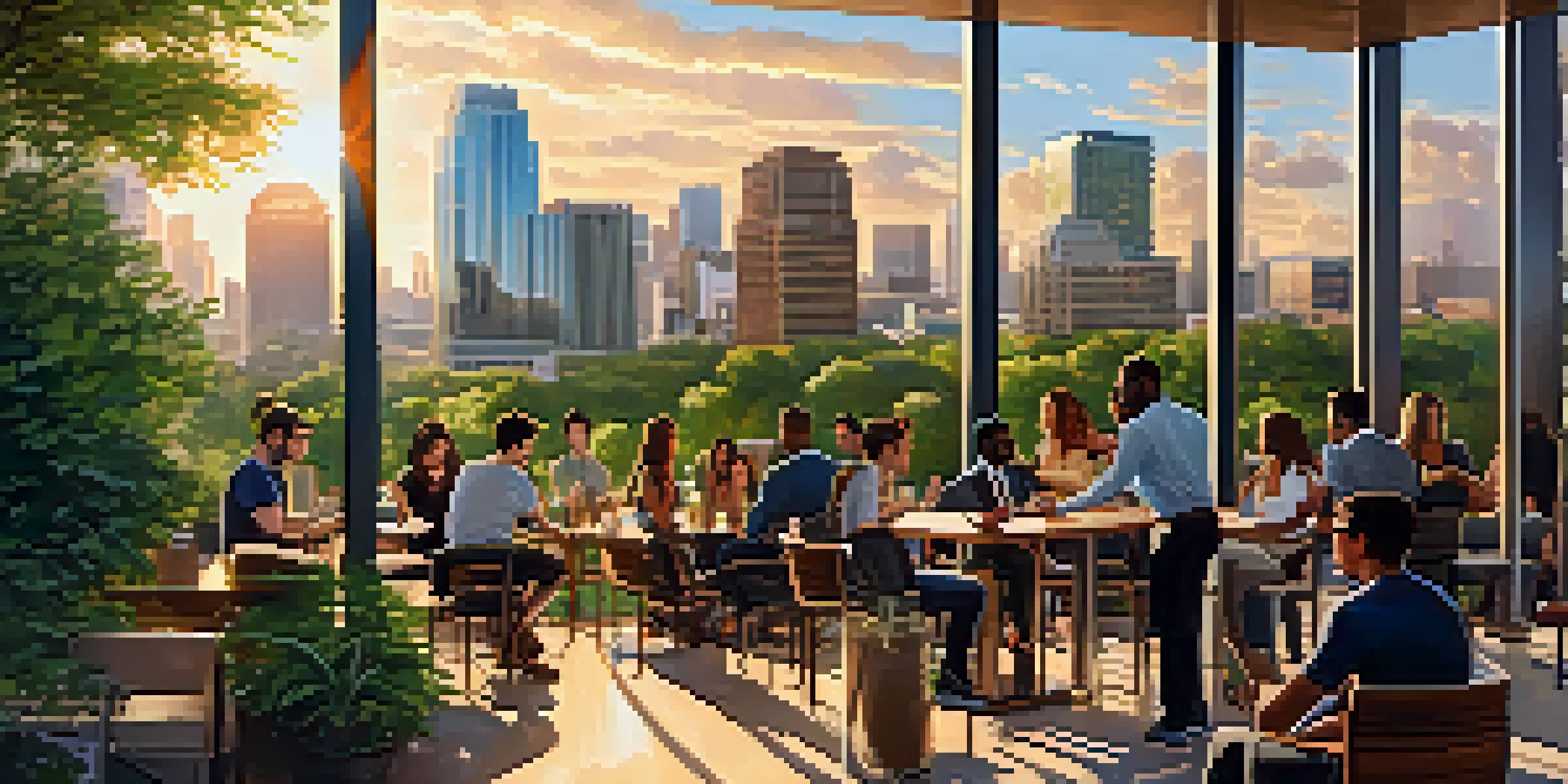 A vibrant urban scene in Austin with diverse young professionals discussing outside a modern fintech office building.