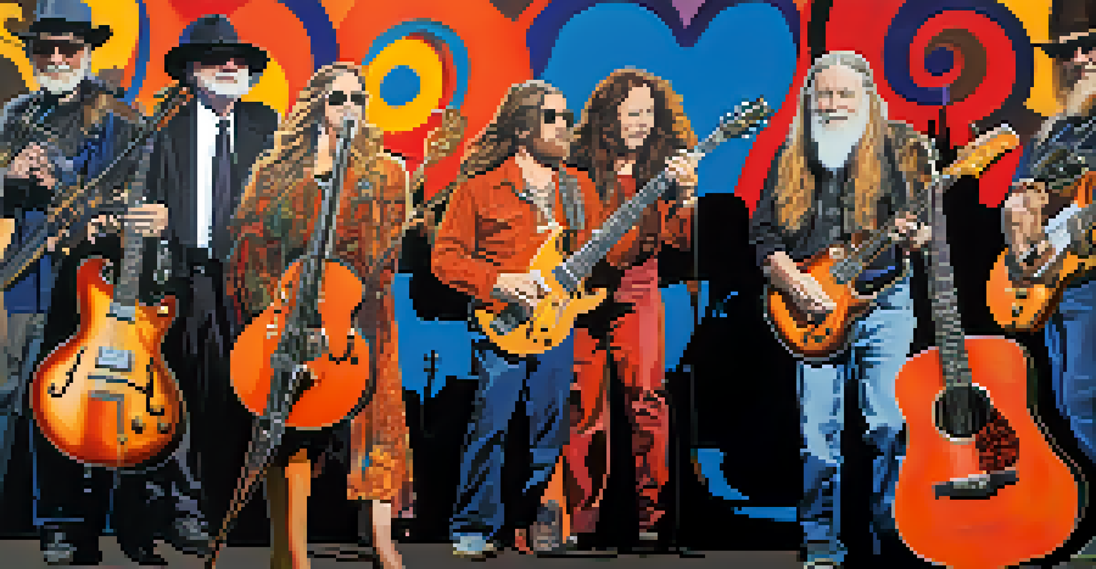 A colorful collage of iconic Austin musicians' silhouettes with musical notes and instruments representing the city's music culture.