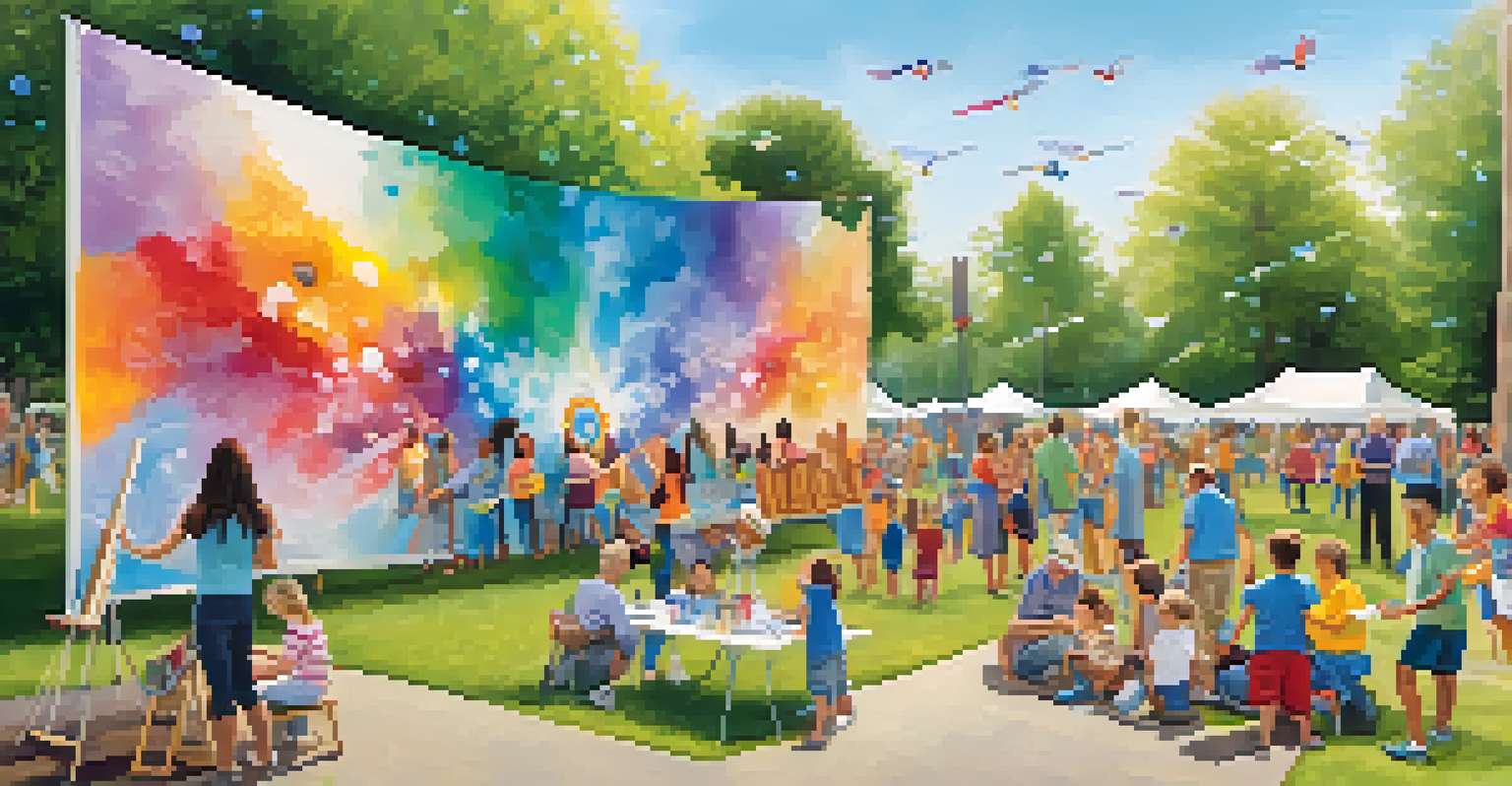 A community art event in a park with people painting a large mural and children engaged in various creative activities, showcasing a vibrant and lively atmosphere.